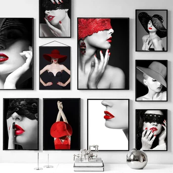 Raudonos lūpos Juoda Balta Mados sienos meno plakatas Spausdinti Seksualus modelis Mergaitė Sienos menas Šiaurės šalių paveikslėlių drobės tapyba Namų dekoravimo menas