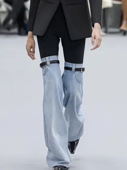 RDMQ 2023 Hit Color Patchwork Denim Kelnės moterims High Wiast Spliced Pocket Temperament Wide Leg Pants Female Fashion