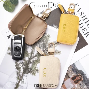 Real Leather Custom Initial Man Key Wallet Zip Portable Key Chain Bag Engrave Logo Fashion Business Key Ring Woman Coin Rankse