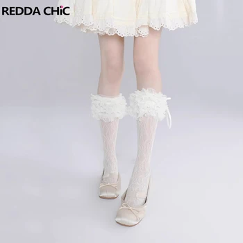 REDDACHiC Ballet Barbiecore White Mid-Blauzdas Ilgos kojinės Moterys Tinklelis Nėrinių apvadas Saldus mielas kaspinas Bowtie Japonų Lolita Girl Leggings