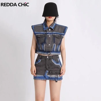 ReddaChic Neon Blue Moterų džinsinis kostiumas Kaklaraištis Dažai Berankovė striukė Liemenė Kišenės Krovininis mini sijonas Cyberpunk Y2k Vintage Streetwear