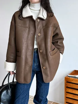 Retro Distressed Leather Fur Combination Jacket Paltas Korėjietiško stiliaus atlapas su aukščiausios klasės 