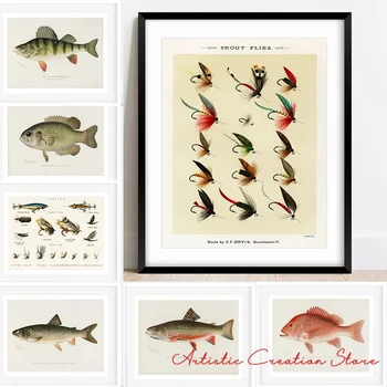retro gyvūnų plakatas Žuvų lašišų musių įvairovė Dailės drobės tapyba ir HD spausdinti paveikslėliai svetainės sienų namų dekoravimui