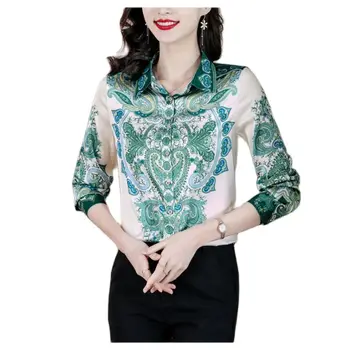 Retro Paisley gėlių šilko marškiniai 2023 Moterys dizainerės ilgomis rankovėmis Polo Neck Classic Button Up Marškiniai Lady Satin palaidinės OL Tops
