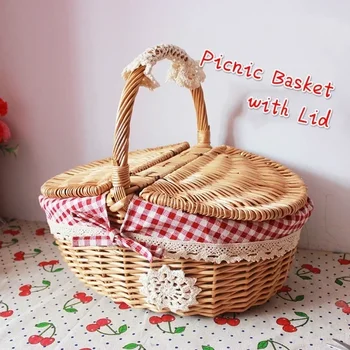 Retro Pinti nešiojimo rankena Laikymo krepšiai Pikniko krepšelis su dangčiu Vaisių maisto krepšelis Namų organizavimo priedai