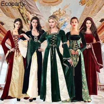 Retro Viduramžių kostiumas Tamsiai žalia aristokratiška rūmų suknelė Helovino kostiumas Suaugusiųjų scenos spektaklis Apranga Suknelė+Galvos juosta