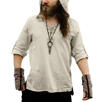 Retro Viduramžių vikingų Cosplay kostiumas V kaklo marškiniai Vintage Casual Male Hooded Knight Lininiai renesansiniai Helovino kostiumai