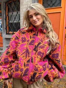 Reversible Print Fleece Faux Fur Coat Women 2023 Ilgomis rankovėmis atlapas su užtrauktuku Lambwool paltas Casual Oversized Šilta striukė Apatiniai