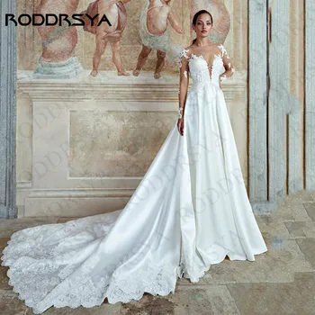 RODDRSYA vestuvinės suknelės ilgomis rankovėmis nuotakai Elegantiškos aplikacijos Satin Princess A Line Nuotakos suknelės Vestido De Noiva Casamento