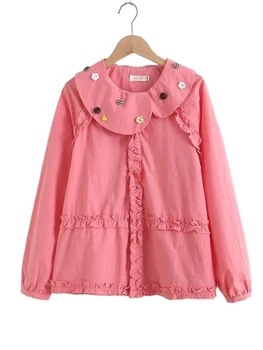 Rožiniai moteriški medvilniniai marškiniai Valgomasis medis Grybelis Saldaus stiliaus viršūnės 2023 Rudens raukiniai Patchwork Kawaii Mielos originalios nišinės palaidinės