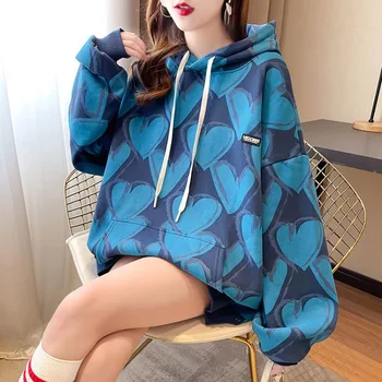 Rožinis moteriškas džemperis Mėlynas Grafinis Mielas su Orintu ant Kawaii Populiariausi moteriški drabužiai Nauja laisvalaikio XXL Korėjos mados tendencija Medvilnė