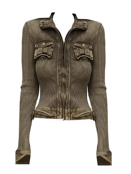 Rudens žiemos moteris Vintage Harajuku Full Zip Cardigan Apkarpytas megztinis Old Money Korean Fashion Grunge Trikotažas Streetwear Tide