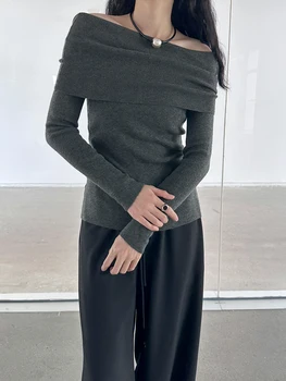 Rudens žiemos pasvirasis brūkšnys Moterys Trikotažas Švelnus Vienspalvis Temperamentas Paprastas mados megztinis Elegantiškas Universalus Moteriškos viršūnės