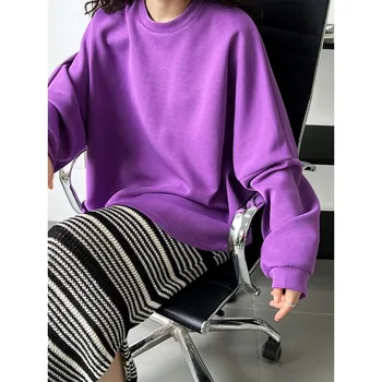 Ruduo Laisvas purpurinis džemperis Moterys Laisvalaikio moterys Y2k Drabužiai Mada Korėjos ilgomis rankovėmis O-kaklas Gatvės drabužiai Moteriški drabužiai