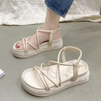 Sandalai Moterų vasaros kvadratas Kojų pirštų pėda Elastinė platforma Pleištiniai kulniukai Moteriški batai Laisvalaikio mada Patogus Naujas 2023