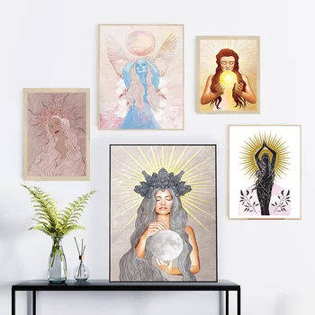 Saulės deivė Šventa moteriška iliustracija Plakatas ir spauda Dvasinis Mėnulio sienų dekoras Drobė Tapyba Nuoga moteris Meno kambarys Pagrindinis