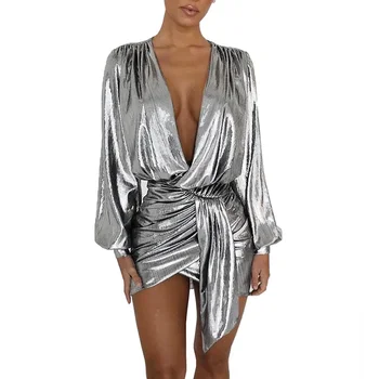 Seksuali sidabrinė mini suknelė ilgomis rankovėmis Naujos moterys Deep V Neck Ruched Night Out Clubwear Metallic Wrap suknelė Asimetriškos klubinės suknelės