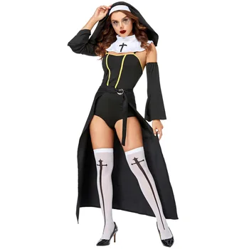 Seksuali vienuolė Teddy Apatinis trikotažas Mergelė Marija Religinis sesers kostiumas Moterys Helovino vienuolė Cosplay apranga Vakarėlis Puošni suknelė