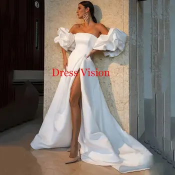 Seksualios aukšto plyšio satino vestuvinės suknelės nuimamomis rankovėmis A-line nuotakos suknelė be petnešėlių Šlavimo traukinys Couture Mariage 2024