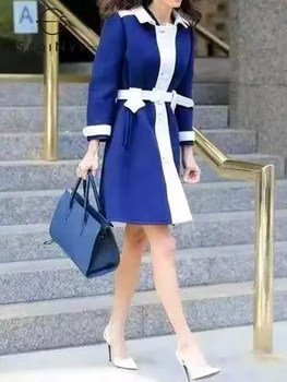SEQINYY Elegantiškas ilgas tranšėjos paltas Mėlynas pavasario ruduo Naujas mados dizainas Moterys Kilimo ir tūpimo takas High Street biuras Ponia Baltas diržas Kišenės