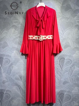 SEQINYY Raudona elegantiška suknelė Vasaros pavasaris Naujas mados dizainas Moterys Kilimo ir tūpimo takas High Street Ruffles Laisvalaikio vaisių spauda Baltas diržas