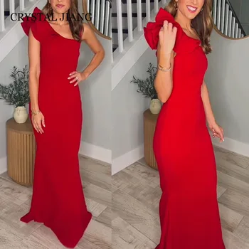 Sexy Red Long One Shoulder Crepe Ruffle Vakarinės suknelės be rankovių Undinės grindų ilgio chalatas De Soiree moterims