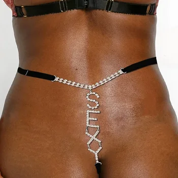 Shine Fashion SEXY G String Bikini Kelnaitės Kūno papuošalai moterims Bling Rhinestone Waist Chain Thong Letter Thong maudymosi kostiumėlis