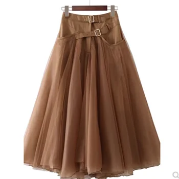 sijonas aukštu liemeniu pavasario ir rudens ilgo stiliaus madingas sujungtas tinklinis pusės ilgio sijonas