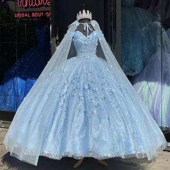 Sky Blue Quinceanera suknelės Saldžios 16 suknelių nėrinių aplikacija 3D rankų darbo gėlė nuo pečių suvarstomi 