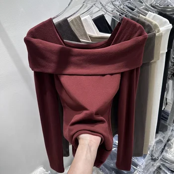 Slim Fit Off Shoulder One Line Neck Pullover ilgų rankovių apatiniai marškiniai 2023 Nauji 