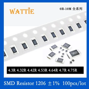 SMD rezistorius 1206 1% 4.3R 4.32R 4.42R 4.53R 4.64R 4.7R 4.75R 100PCS / lotų lustų rezistoriai 1/4W 3.2mm * 1.6mm