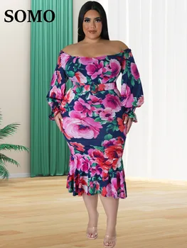 SOMO plius dydis Nauja suknelė moteriškų drabužių gėlė, atspausdinta nuo peties Maxi suknelė su diržu 2023 m. vasara Didmeninis dropshippingas