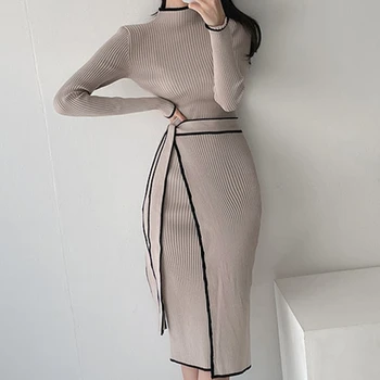 Storas dizaineris Šilta laisvalaikio žiema Nauja moteris Solid Korean 2021 Megzta megztinio suknelė Moterys Elegantiška biuro ponia Bodycon Vestidos