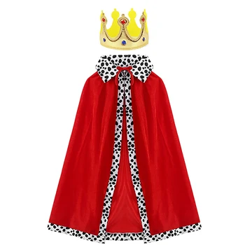 Suaugę vaikai Karaliaus imperatoriaus kostiumas Raudonojo aksomo apsiaustas Apsiaustas su karūnos skeptro apranga Helovino princas Cosplay vakarėlių aksesuarų rinkinys