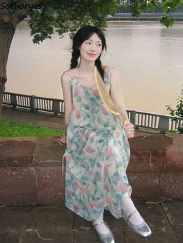 Suknelės be rankovių Moterys Saldūs atspaudai Mada Atostogos Sundress Tender Backless Summer Korean Style Casual Loose Maxi Vestidos