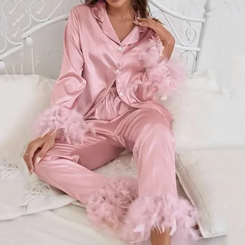 Summer Thin Satin Ice Silk Pižamų kostiumas Moteriška nauja vienspalvė plunksna gali būti viršutiniai namų drabužiai Pijama Mujer