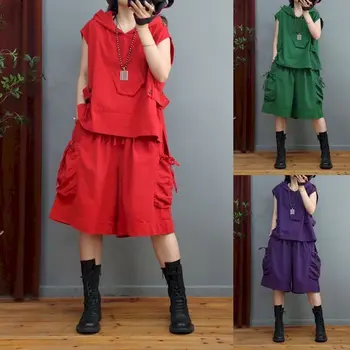 Summer Trend Liemenių komplektai su gobtuvu Moteriškos personalizuotos mados liemenės Paltas ir laisvi šortai Laisvalaikio dviejų dalių rinkinys Vientisos spalvos ploni kostiumai