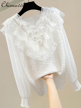 Sunkūs karoliukai Deimantas Saldžios gėlės Medžio grybelis V-kaklas Margaspalviai marškiniai 2024 Pavasaris Naujas mergaitiško stiliaus megztinis Elegantiškos palaidinės viršūnės