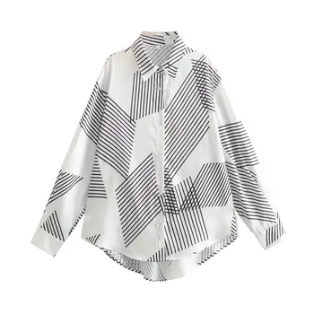 SuperAen 2024 Pavasario naujo europietiško ir amerikietiško stiliaus moteriški marškiniai ilgomis rankovėmis laisvi geometriniai marginti marškiniai
