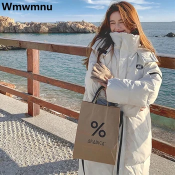 Sutirštintas ilgas medvilninis paminkštintas parkas su gobtuvu Korėjietiškas žieminis paltas Šiltos moterys Tiesūs paltai Mada Laisvos vėjo nepraleidžiančios pūstos striukės