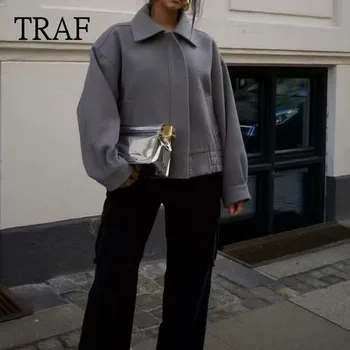 TRAF Moteriškas paltas 2023 Rudens mados elastinės liemens striukės Vintažinės ilgos rankovės Laisvi laisvalaikio moteriški viršutiniai drabužiai Kišenės prašmatnus viršus