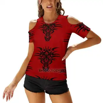 Tribal Dragon Moterų marškinėliai Vienas petys Raišteliais Viršus Seksualūs marškinėliai Tuščiaviduriai viršūnės Trišakiai Trišakiai Genčių drakonas Dragūno mitologija