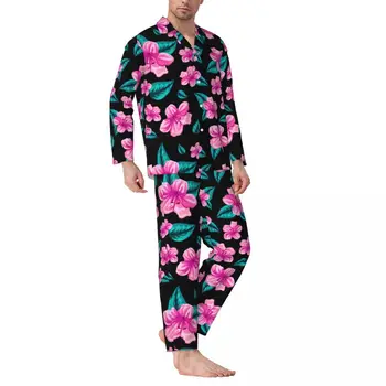 Tropinių gėlių pižamų rinkiniai Rudens Havajų gėlių mielas minkštas laisvalaikio miego drabužis Unisex 2 dalių laisvalaikio oversize individualus namų kostiumas