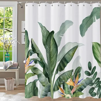 Tropinė žaluma Vonios kambario dušo užuolaida Gėlių eukalipto lapų dušo užuolaidos Audinys Plaunamas pakabinamas Užuolaidos Vonios dekoras