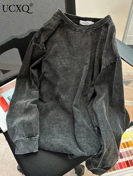 UCXQ Oversized High Street Hoodie Naujos mados marškiniai ilgomis rankovėmis Apatiniai marškiniai Laisvas O Kaklo džemperis Top 2024 Pavasario ruduo 23A7078