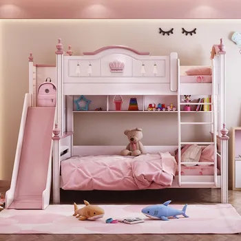 vaikiška lova moderni rožinė princesės lova vaikams dviaukštės lovos dvigulės mergaičių miegamojo baldai mediniai amerikietiško stiliaus aukštos kokybės