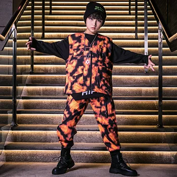 Vaikų džiazo šokių kostiumai Berniukų ir mergaičių hiphopo drabužiai Oranžinis kamufliažinis paltas Kostiumas Vaikai Gatvės šokių scenos drabužiai DWY5315