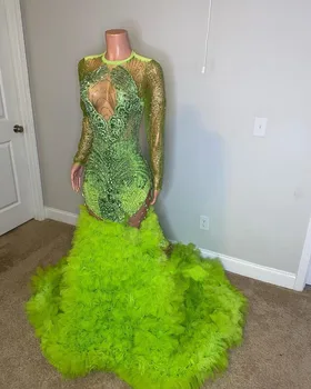 Vaisių žalia undinėlė Prom suknelės 2024 Raukiniai karoliukais ilgomis rankovėmis Vakarinės suknelės Vestuvinė suknelė Chalatas De Soirée