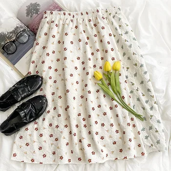 Vasarinis šviežias mažas gėlėtas trimatis elastingas aukštas juosmens plonas A linijos vidutinio ilgio sijonas