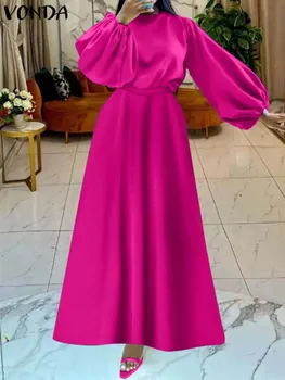 Vasarinė satino suknelė 2023 VONDA Bohemijos moterys Vintažinis vienspalvis vakarėlis Sundress Beach Holiday Long Lantern Sleeve Vestidos Baggy